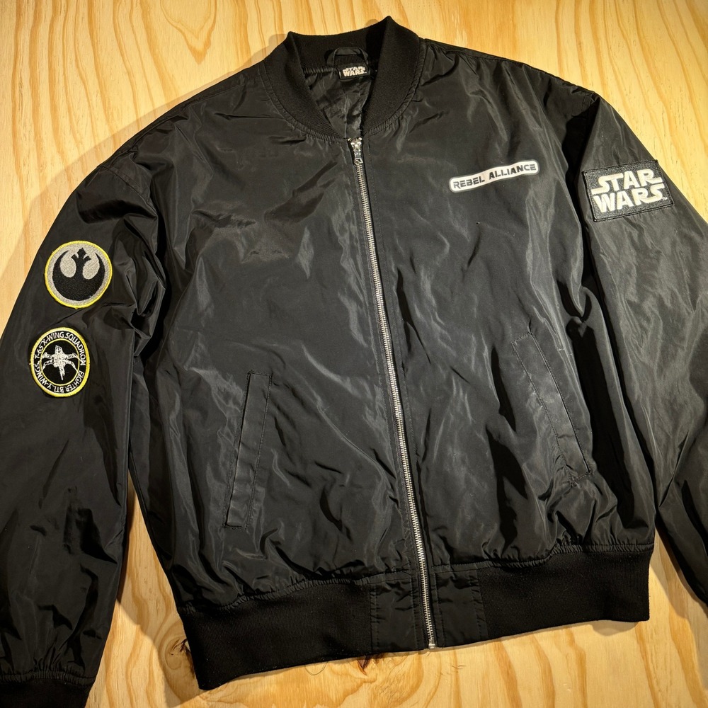 Star Wars Men's Rebel Alliance Patch Quilted Bomber Flight Jacket Black Size L